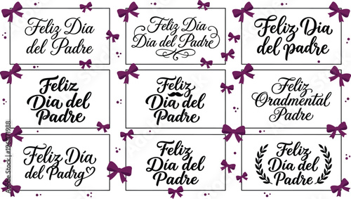 Feliz Dia del Padre Spanish greeting card set, elegant Father's Day calligraphy labels with purple bows, 9 decorative vector gift tags for dad