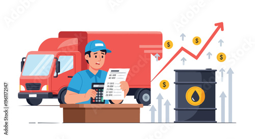 Illustration of a delivery man sitting at a desk with a clipboard, surrounded by a red truck, an oil barrel, and a graph showing a surge in price and energy costs in a flat 2D style.
