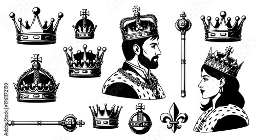Crowns royal set with king queen illustrations and scepters in black vector graphics featuring monarch, royalty, regal with sceptre and fleur de lis