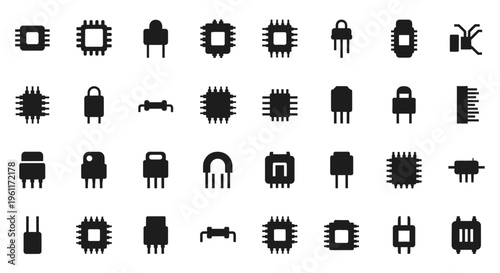 Electronic Chip and Circuit Board Components Icon Set on isolated white background