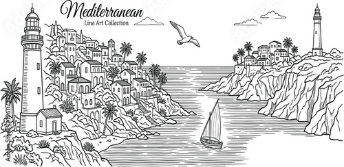 Detailed line art illustration of a picturesque Mediterranean coastal scene with charming villages, iconic lighthouses, and a sailboat on the tranquil sea