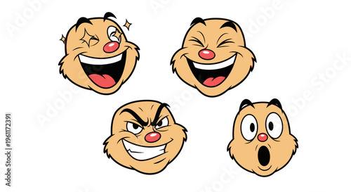 Set of Funny Cartoon Faces Expressing Diverse Emotions Including Winking Happy Angry and Surprised on Isolated White Background