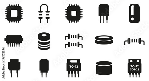 Set of Electronic Components Silhouettes and Icons Including Microchips Transistors and Diodes on Isolated White Background