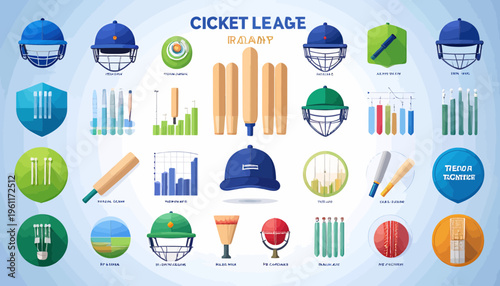 Cricket League Collection Sports Equipment, Graphics, and Statistics for a Winning Season