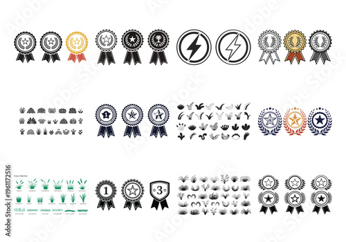 Various badges and ribbons in different colors and styles symbols seals medals