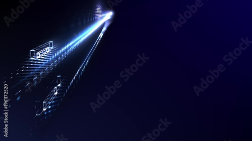 digital glowing data stream and transformation on an upward trend - innovation, future technology, data visualization, growth, production, business, AI, data processing, finance, streaming, blue