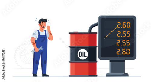 A worried mechanic standing next to an oil barrel and a digital price board showing a surge in oil prices on a flat 2D background with a sense of crisis and rising energy costs.
