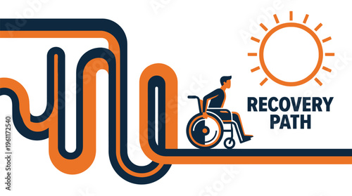 Recovery Path Wheelchair Vector  Rehabilitation Support Concept with Sunrise, Disability Empowerment, Hope, Healing Journey and Inclusive Healthcare Illustration