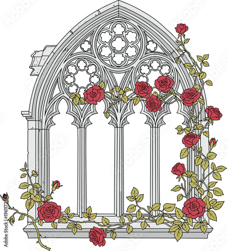 Gothic Arch Window Adorned with Blooming Red Roses and Climbing Vines, Evoking Medieval Romance and Timeless Beauty