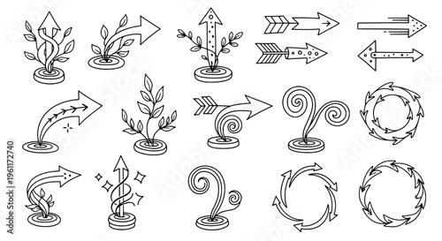 Arrows hand drawn set with black curved lines and leafy designs on white background featuring icons, vector, illustrations with graphics and symbols