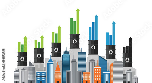 Flat 2D illustration of a city skyline with rising arrows indicating energy, oil price surge, and crisis, in a graphic and modern composition.