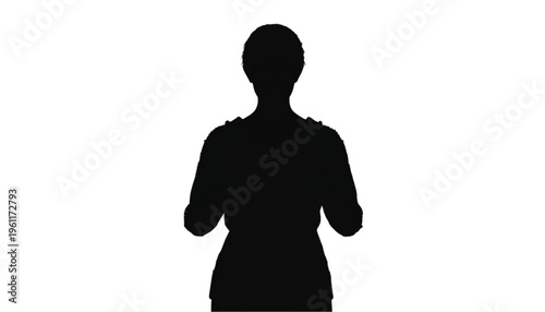 Black silhouette of a standing figure with short hair and uniform shoulders suggests authority or service.