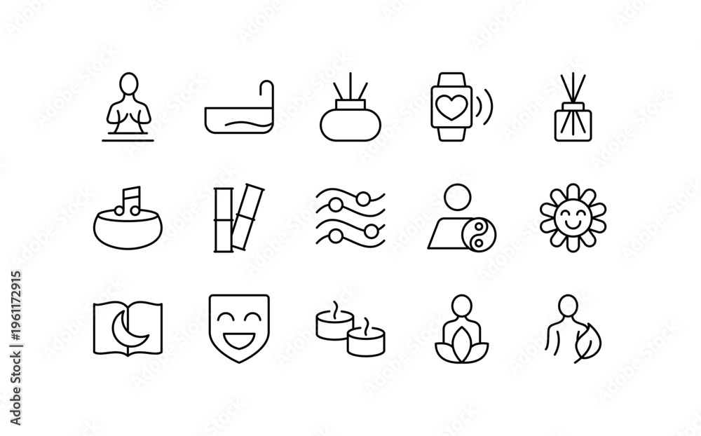 Fototapeta premium Mindfulness icon set design. Editable vector stroke icons