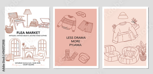 Charming illustration of items found at a flea market, featuring vintage clothing, furniture, and home decor, with a focus on affordable treasures and unique finds