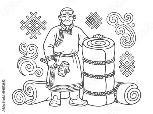 Mongolian Felt Maker Nomadic Craft Line Art Bundle