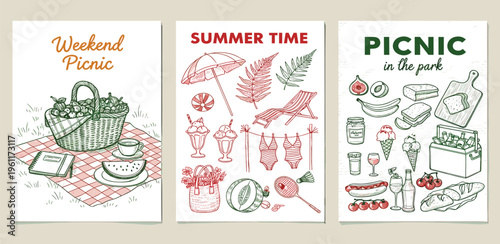 Whimsical collection of hand-drawn illustrations capturing the essence of outdoor leisure, summer festivities, and delightful al fresco dining experiences