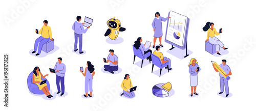 People in office set. Characters doing various business activities, using laptop, smartphone, integrating with ai robot. Vector isometric illustration.