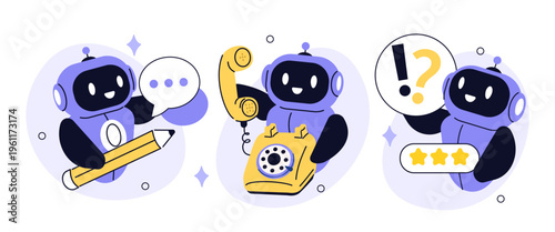 Ai customer support with robot operator character. Hotline, chatbot, helpdesk service vector illustration.
