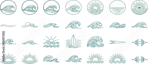 Collection of stylized line art icons depicting waves and sunrises, perfect for aquatic and nature-themed designs