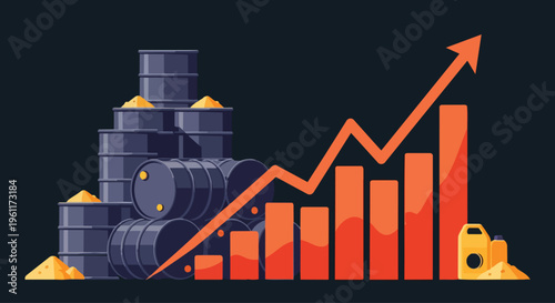 Flat 2D illustration of oil barrels and a bar graph with an upward trend line and surge in price against a dark background, conveying a sense of energy crisis.
