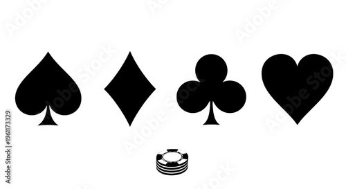 Suit icons for poker with spade, diamond, club and heart featuring playing cards, casino, game with betting and chips elements for stack, gambling
