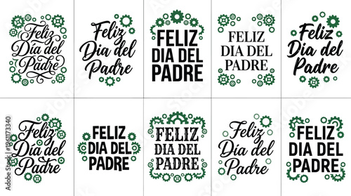 Feliz Dia del Padre Spanish lettering set, 10 Father's Day typography designs with mechanical gears, green and black greeting vector elements