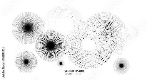 Circles halftone vector set with dotted gradient effects and black shading featuring white, illustration, graphic with design and pattern elements