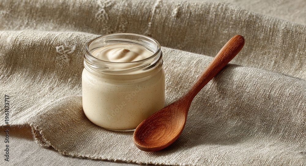 Fototapeta premium Glass jar containing white yogurt, wooden spoon set upon a folded cloth