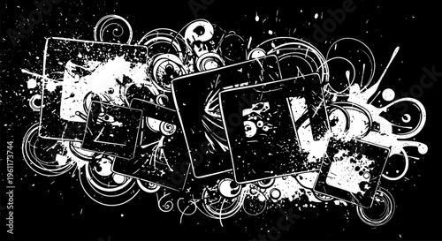 Photos grunge design with white splatters and swirls on black background featuring abstract, artistic, creative with messy and splattered elements