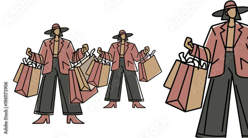 Fashionable Women Shopping Vector  Stylish Retail Buyers with Shopping Bags, Fashion Lifestyle Marketing Illustration for Social Media and E-commerce