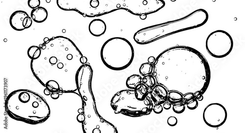 Bubbles floating in air with transparent shapes and circular forms featuring illustration, black and white, line art with vector and graphic elements