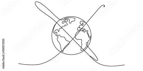 Minimalist continuous line art illustration of the planet earth with an orbital path.