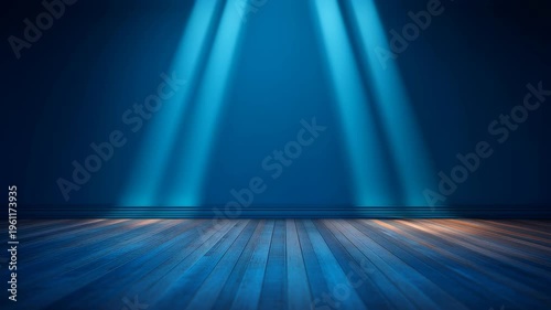 Product display light blue backdrop, illuminated empty wooden floor with spotlight