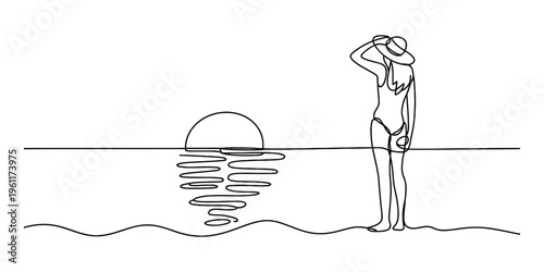 Continuous line drawing of a woman in a swimsuit and sun hat looking at a sunset over the sea.