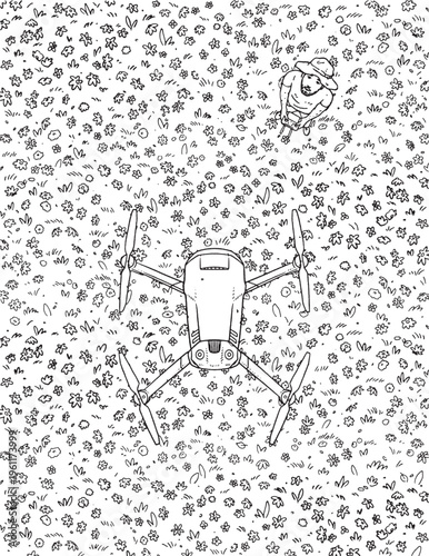 Drone taking off over flower meadow. Top view with operator below