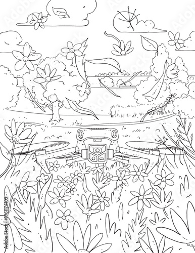 Cartoon drone mowing flower meadow. Country landscape. Coloring page