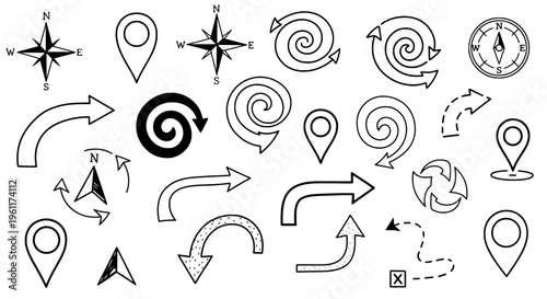 Arrows hand drawn set with black curved lines, spirals, compass, and map pin icons for navigation and direction.