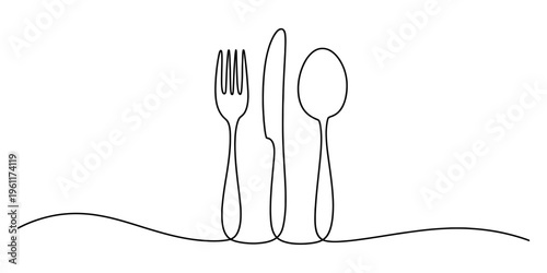 Continuous line drawing of a fork knife and spoon on a white background for restaurant logo