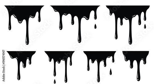 Collection of shiny black liquid drips and drops flowing downwards, isolated on a white background