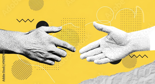 Close-up of two hands reaching out to shake on a yellow background with geometric shapes