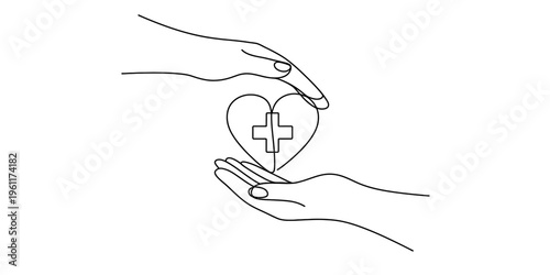 Minimalist continuous line art of human hands holding a heart with a medical cross symbol.