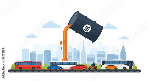 Flat 2D illustration of an oil barrel pouring oil onto a city street with various vehicles, conveying an energy crisis and price surge in a graphic and stylized scene.