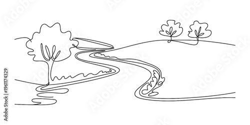 Minimalist continuous line drawing of a peaceful landscape with a winding river and trees