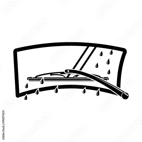 A black silhouette of a car windshield with wipers and raindrops falling a stark contrast silhouette