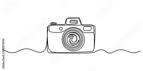Minimalist continuous line art illustration of a vintage photo camera on a white background.