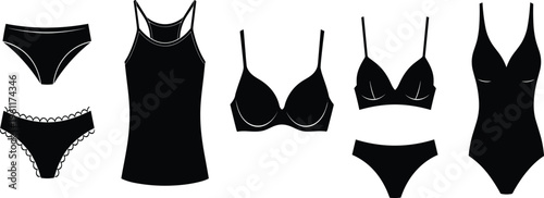 Black Lingerie and Swimwear Icon Set Including Bras Panties Bodysuit and Tank Top Silhouettes for Fashion Retail Design and E-commerce Marketing