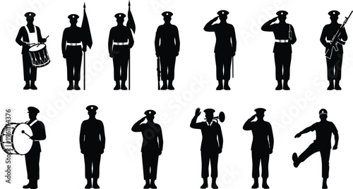 Military Soldier Silhouette Vector Collection, Saluting Officer and Guard Figures, Army Band Drummer and Ceremonial Parade Silhouettes Isolated on White