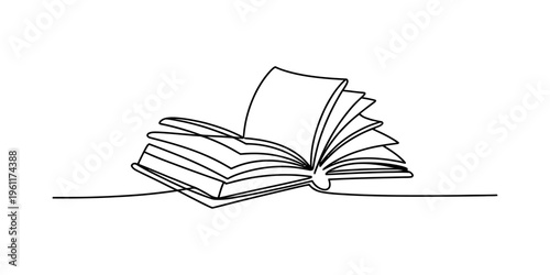 Continuous line drawing of an open book with pages turning, symbolizing knowledge and education.