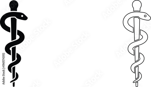 Rod of Asclepius medical symbol vector set, black silhouette and outline snake staff icons, pharmacy and healthcare emblem for professional branding