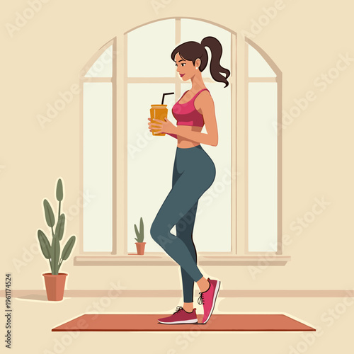 young woman in sportswear holding a protein shake or smoothie after workout, fitness and healthy lifestyle concept, flat vector illustration in home interior